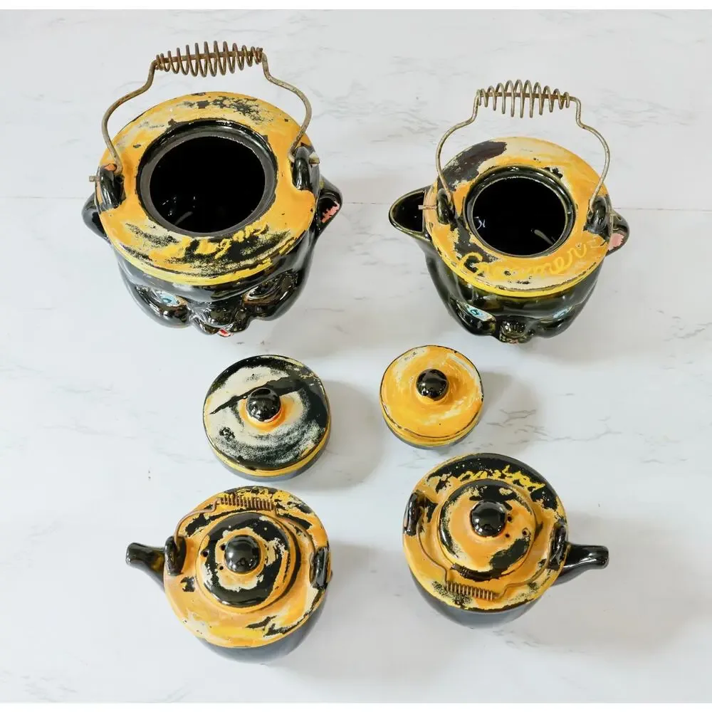 VTG Norcrest Anthropomorphic Black Cat Kettle Creamer Sugar Salt Pepper Set MCM